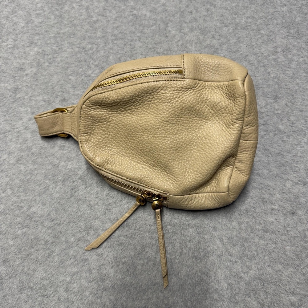 Hobo Sling Bag Womens Small Beige Leather Crossbody Zip Gold Hardware Casual